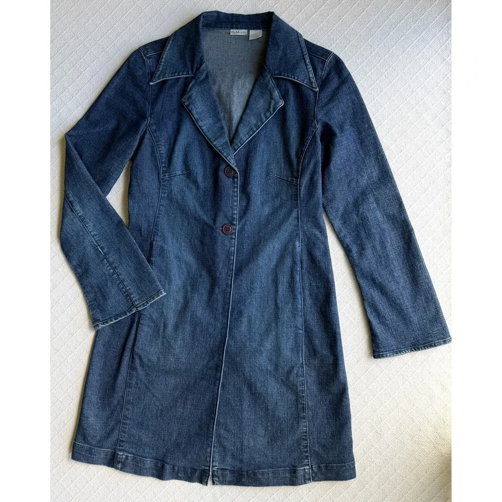 Rubbish Y2K‎ Denim Trench Coat Long Duster Jacket Dark Wash Indigo Small